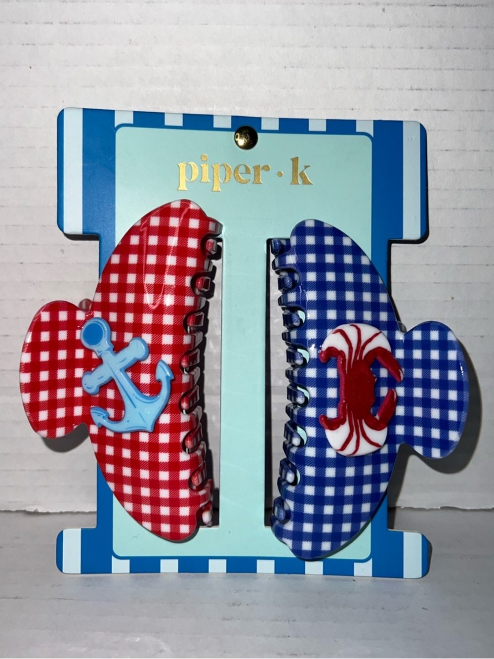 Piper K Costal Red Blue Gingham Anchor Crab Hair Clips NEW